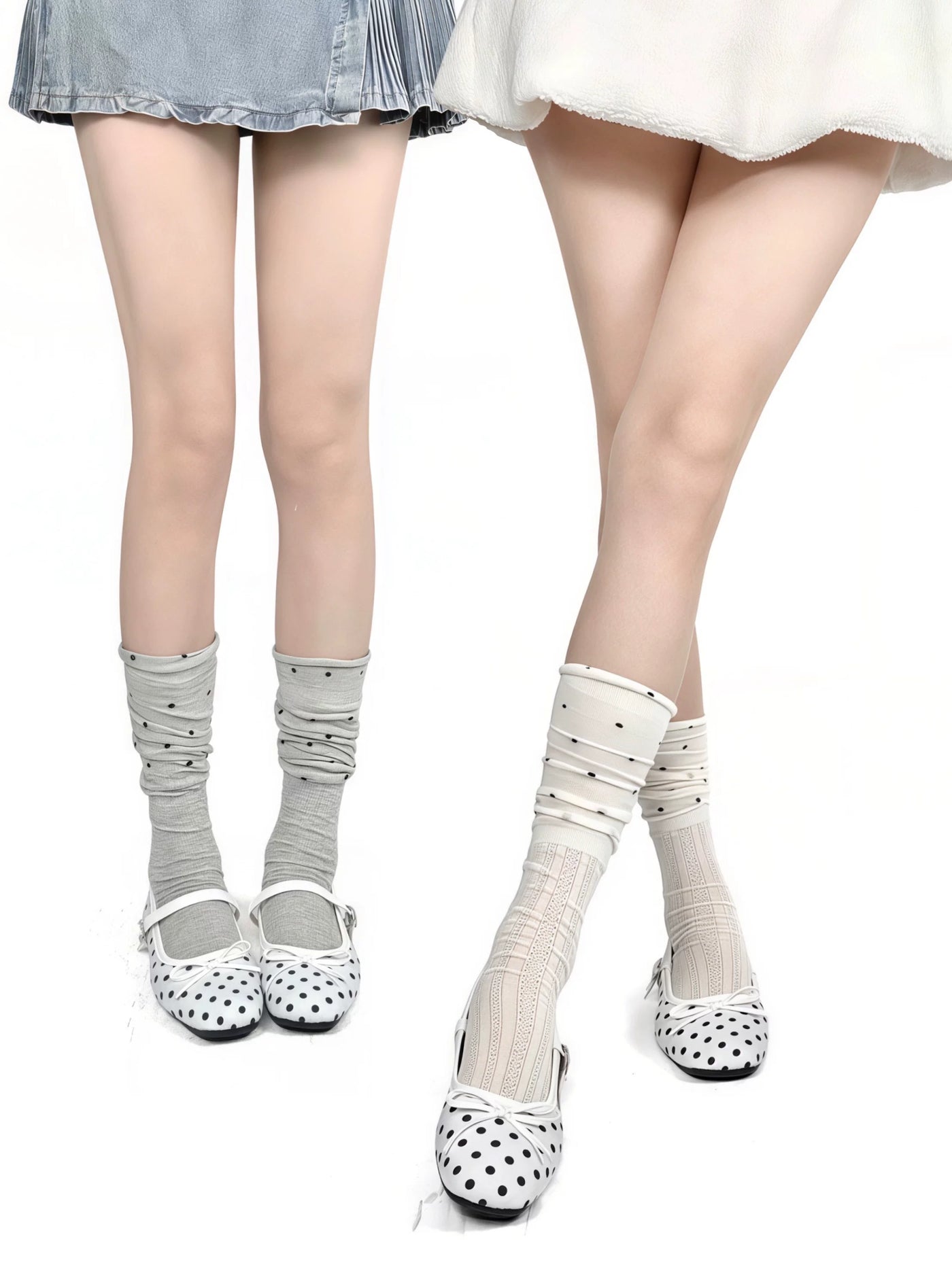 White Socks - Retro Polka Dot - Slouch mid-calf socks with contrasting polka-dot panels