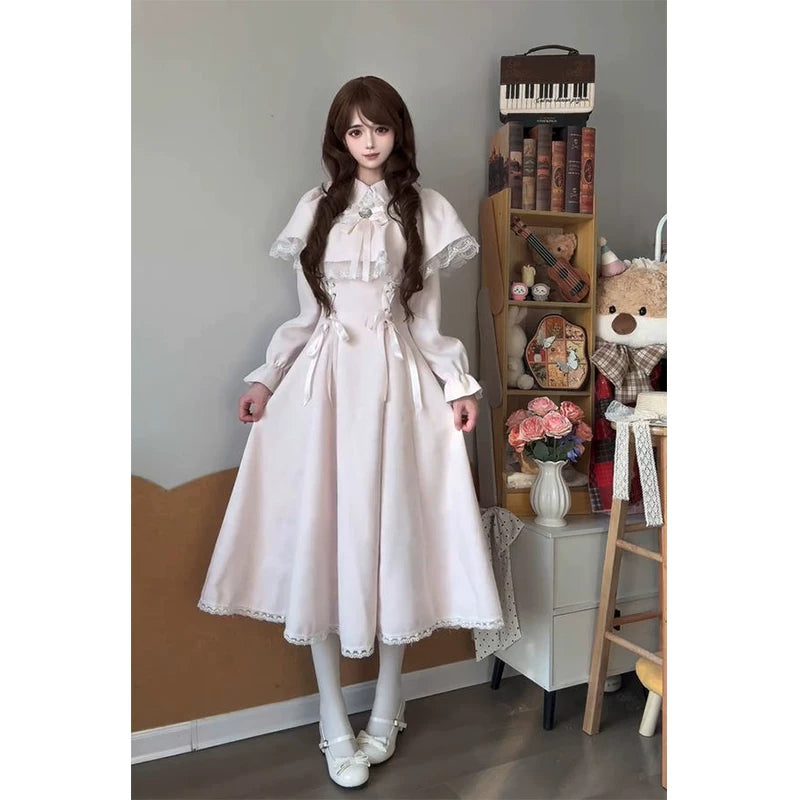 Creamy - Japanese Sweet Lace - Pink Lolita Dress with a Lace-Trimmed Bow Cape Overlay