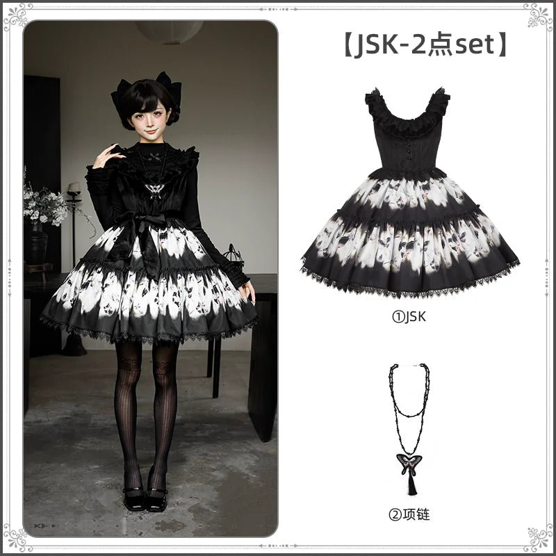 With PUJI - Dead Leaf Butterfly - Gothic Lolita JSK & OP Dress Set, Butterfly Print detail view 8