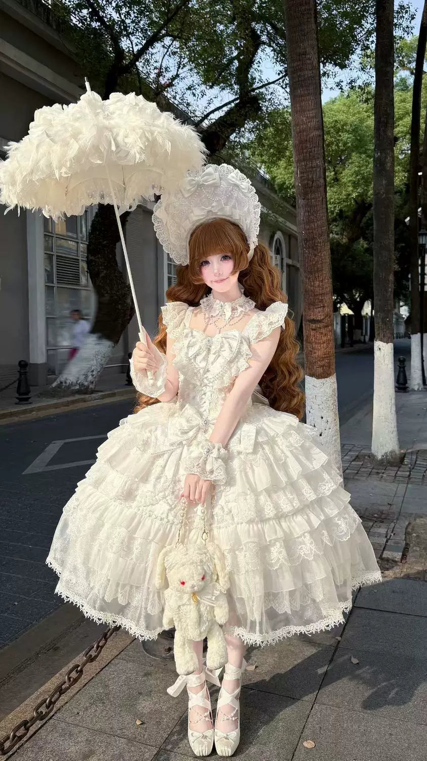 Full length view of the Rose Oath JSK showing scalloped lace hem and tiered skirt construction