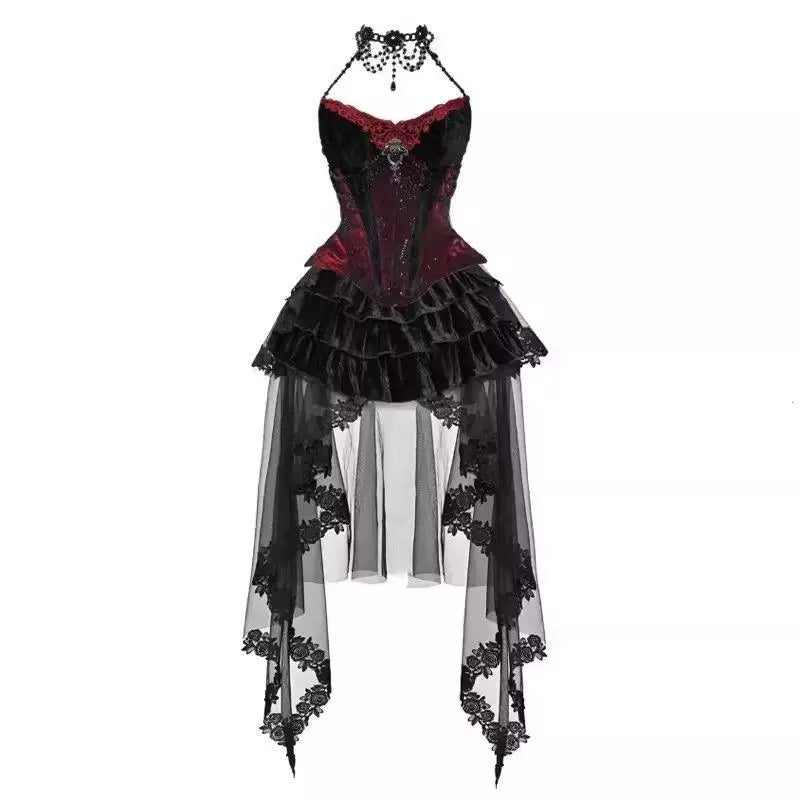Black and red velvet JSK with fishbone corset detailing and a long train.
