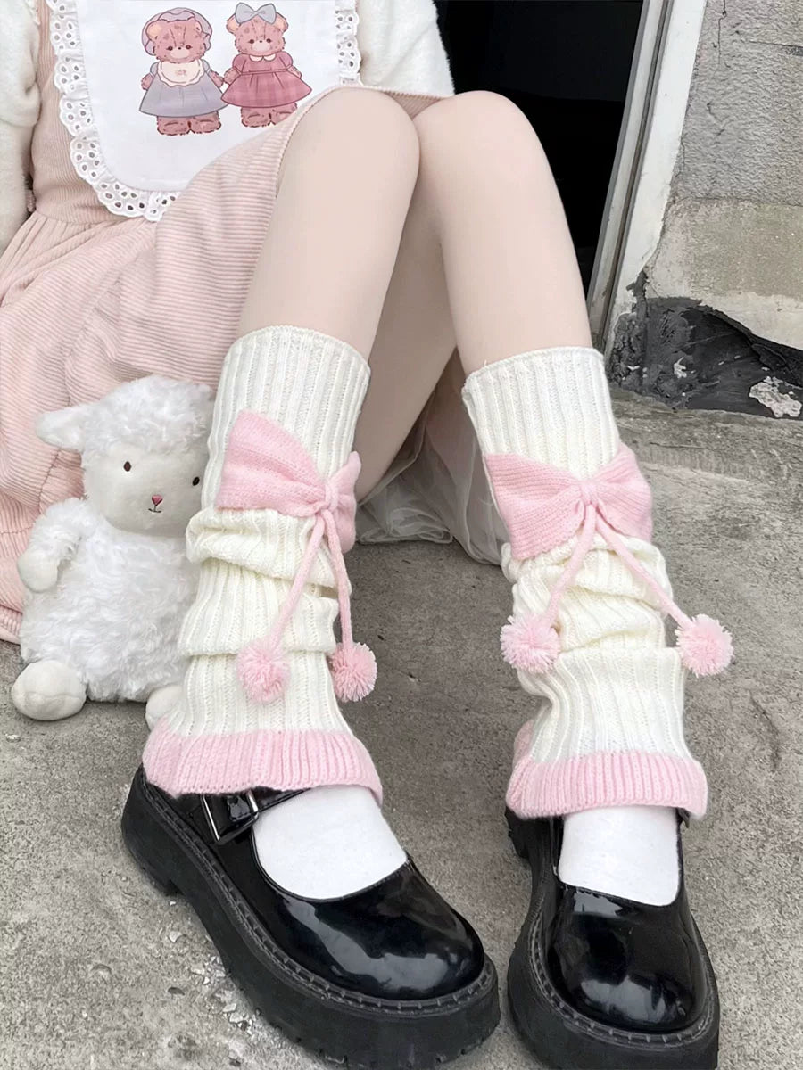 Floral Milk Cat - Bow Pom-Pom - Calf-Length Knit Slouch Socks with Lettuce Edges