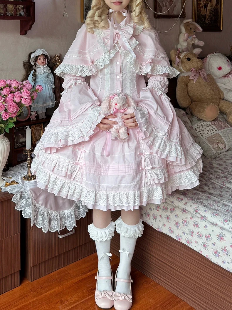 Praying Snowfall - Old School Lolita Skirt Suit Cape Princess Sleeve Shirt Light Pink - Shirt + Detachable Princess Sleeves (without collar bow) S
