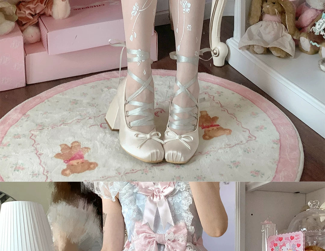 roji roji - Falling Blossom - White Floral-Print Tights