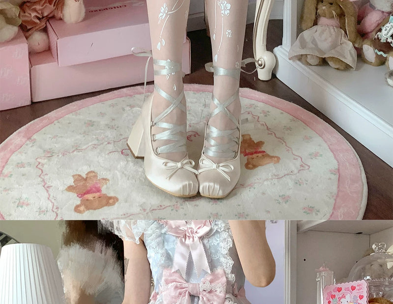 roji roji - Falling Blossom - White Floral-Print Tights
