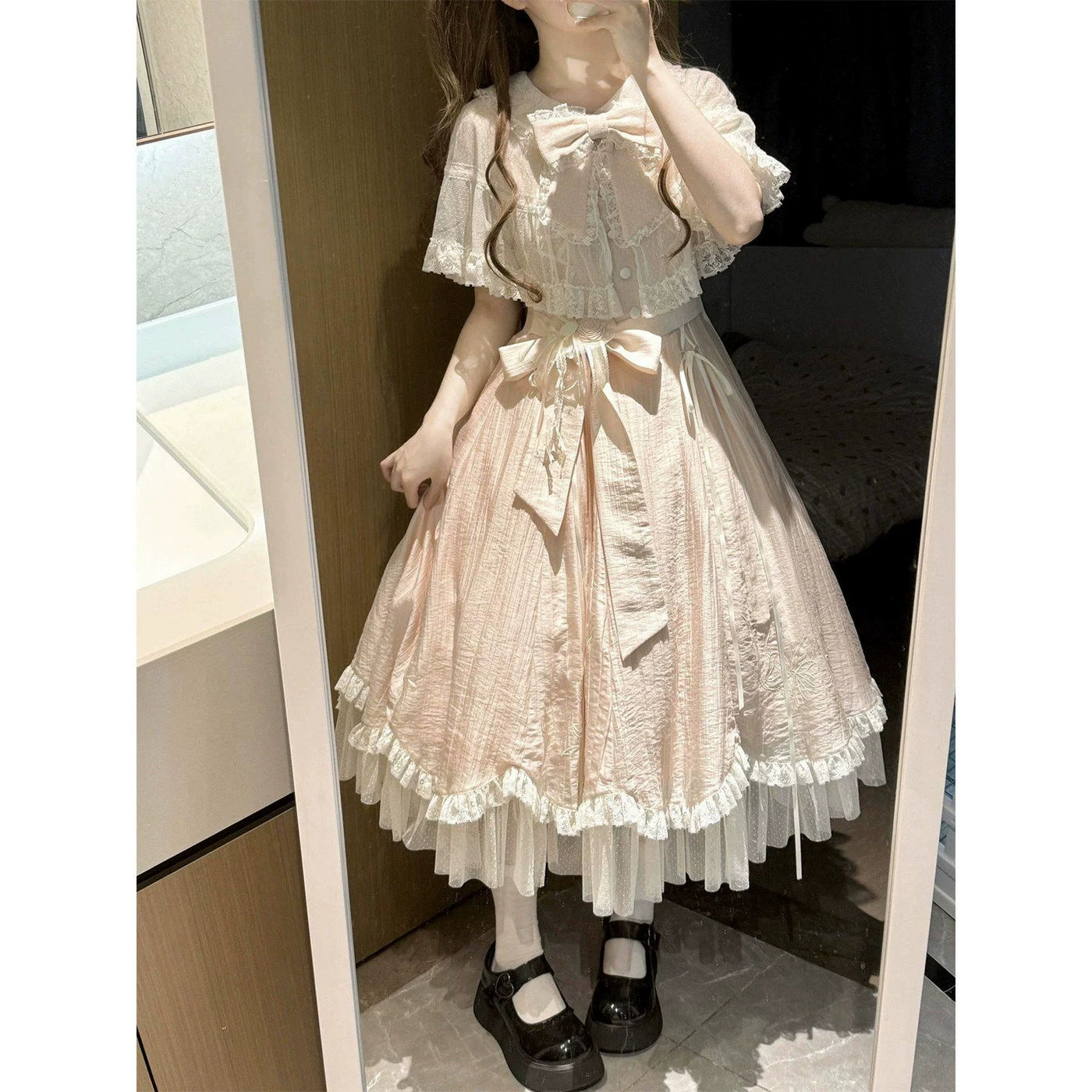 Creamy - Pink Lace Cape - One-Piece Dress with Waist Belt