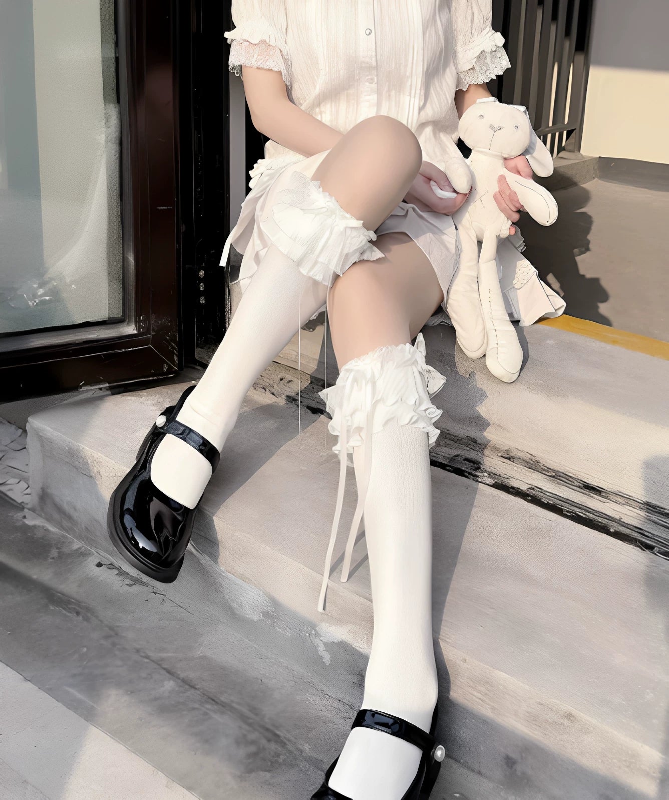 Fantasy Doll - Layered Lace - Mid-Calf Socks with Layered Ruffle Cuffs