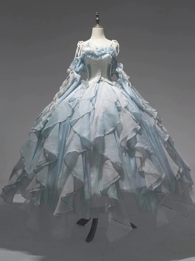 Flora Muse - Floral Lolita Ball Gown - Blue off-shoulder formal