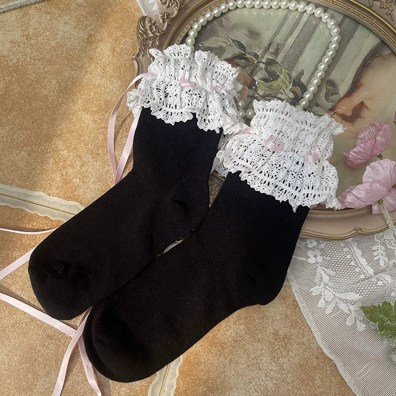 Sock Noble - Ribbon Lace - Thigh-High Socks with Ruffled Lace Cuffs