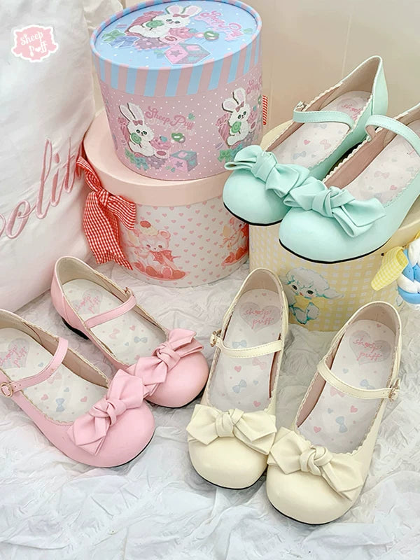 Sheep Puff rounded bow macaron Lolita shoes featuring cute puff design and soft pastel colors, perfect for stylish fashion.