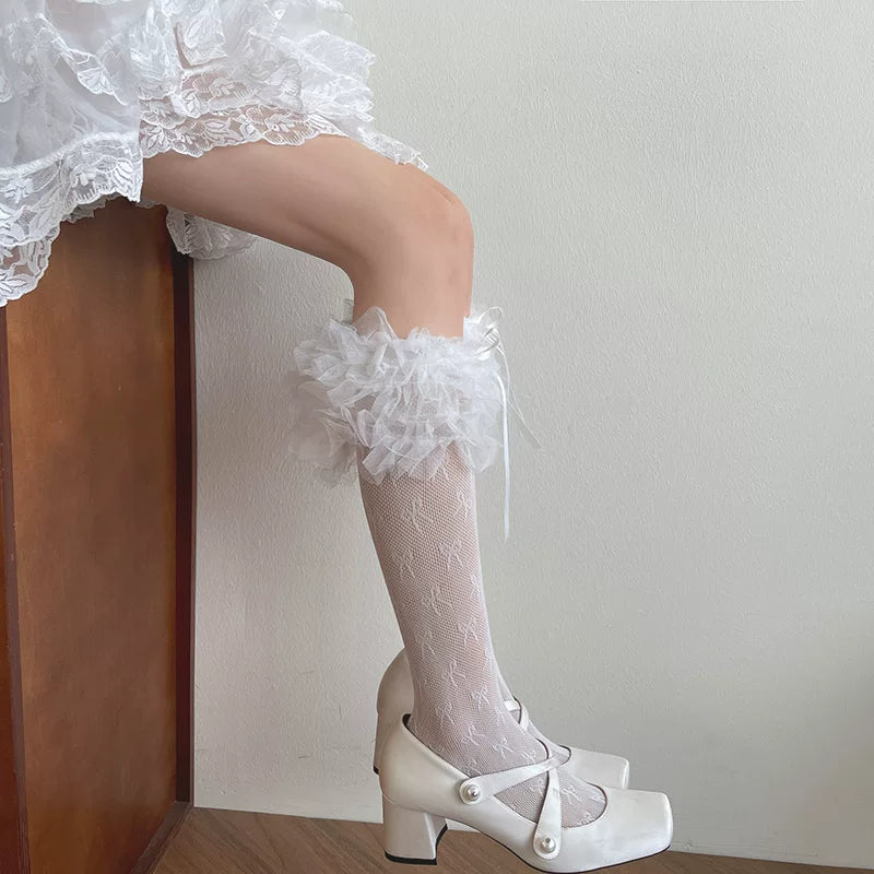 Sock Noble - Heart Lace Ruffle - Mid-Calf Lace Socks with Bow-Tied Cuffs