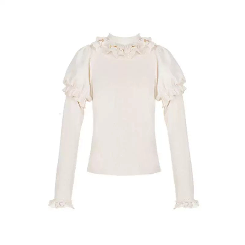 Sweetheart Dream Machine - Puff-Sleeve Lace Layer - Ribbed Knitted Inner Layer with Lace Trim