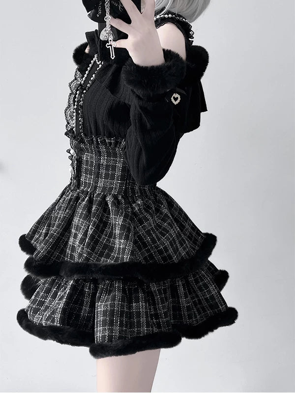 Creamy - Winter Plaid - Long-Sleeve Knit Top and Plaid Skirt Set with Plush Trim
