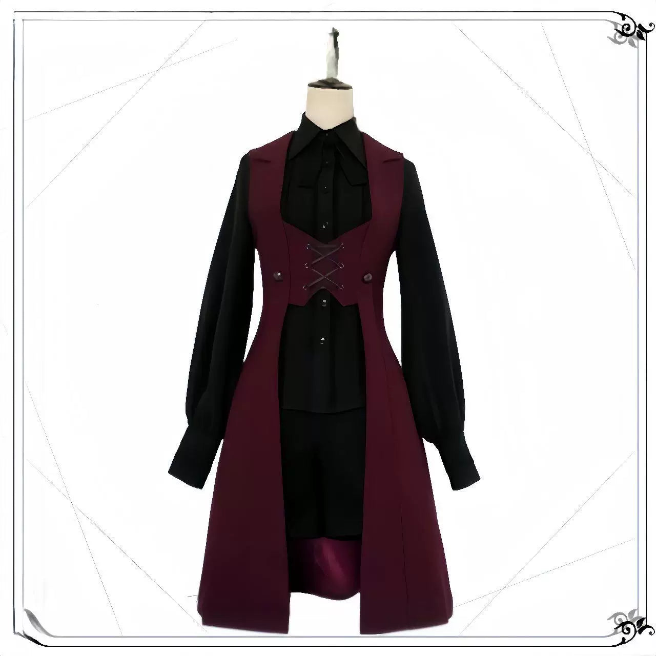 Black and red long vest styles shown on mannequins