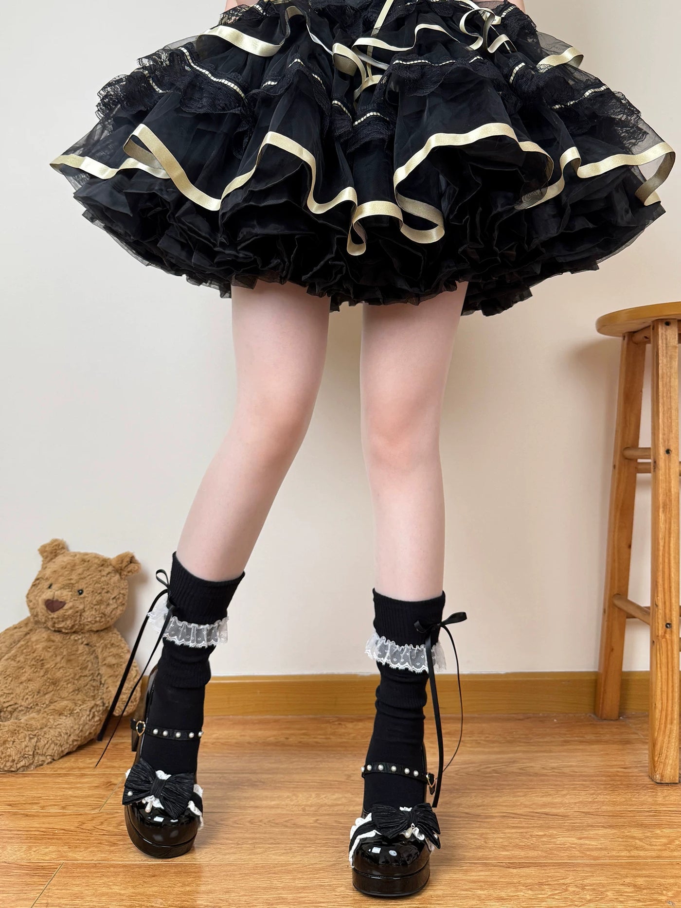 Chubby Bear Tales - Cream Ballet - Lightweight Calf Scrunch Socks with Lace Cuffs
