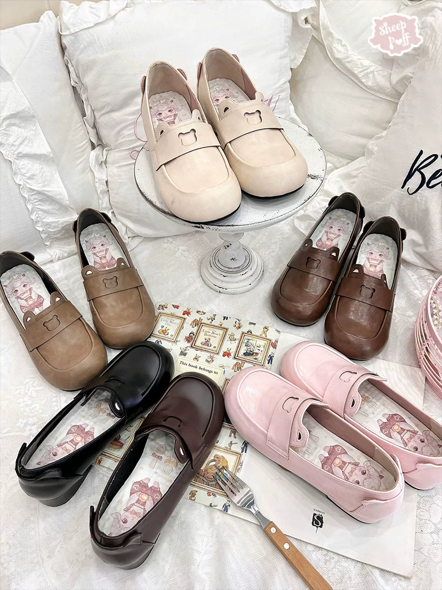 Sheep Puff Bear Bread Lolita shoes featuring cute bear and bread embroidery, black shoes with lace-up design and decorative bows.