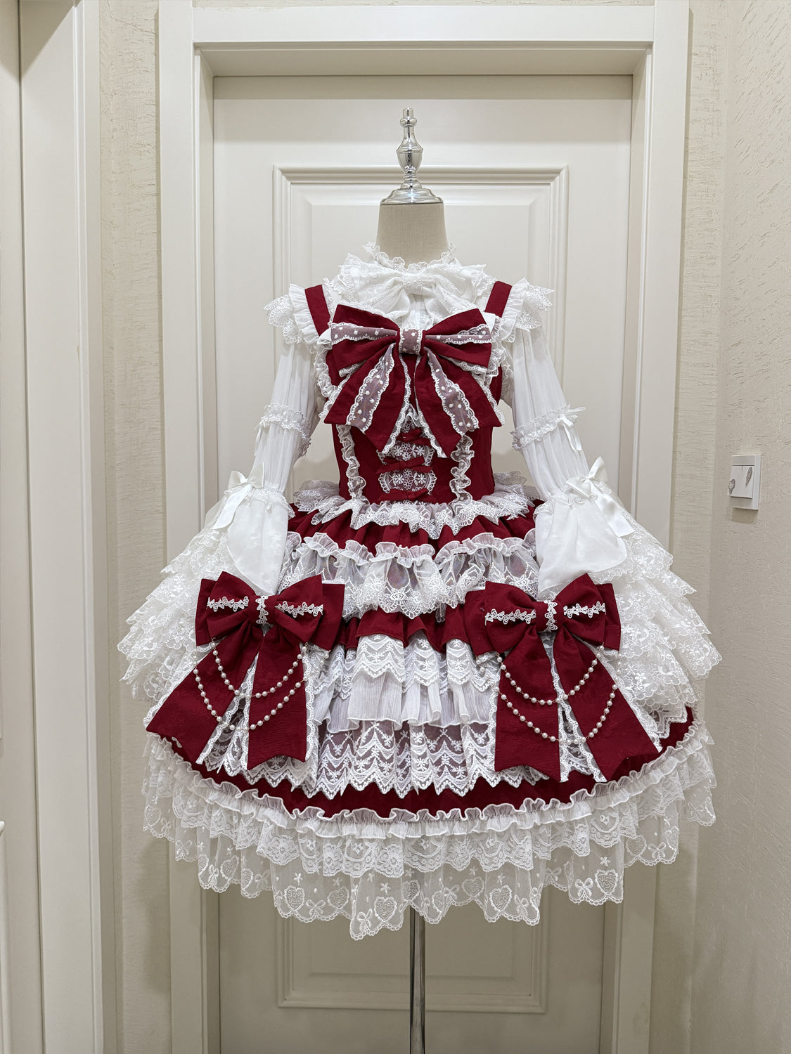 Cross Heart Knot - Sweet Lolita JSK Suit Tiered Ruffles Dress, Lace Blouse (L M S) 42611:747103