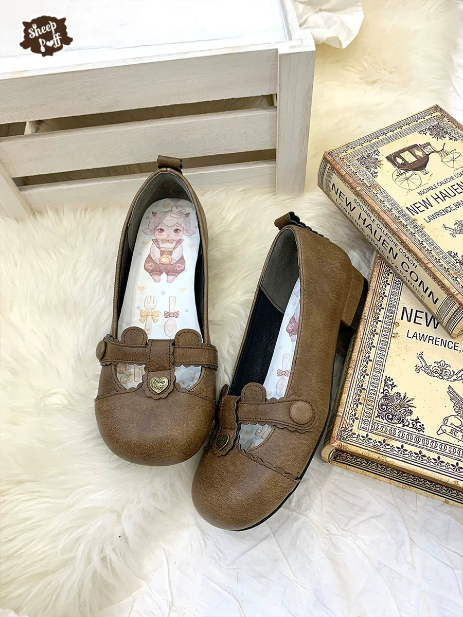 Sheep Puff Bear Toast Low Heel Lolita Shoes featuring cute sheep and bear designs with comfortable low heels.
