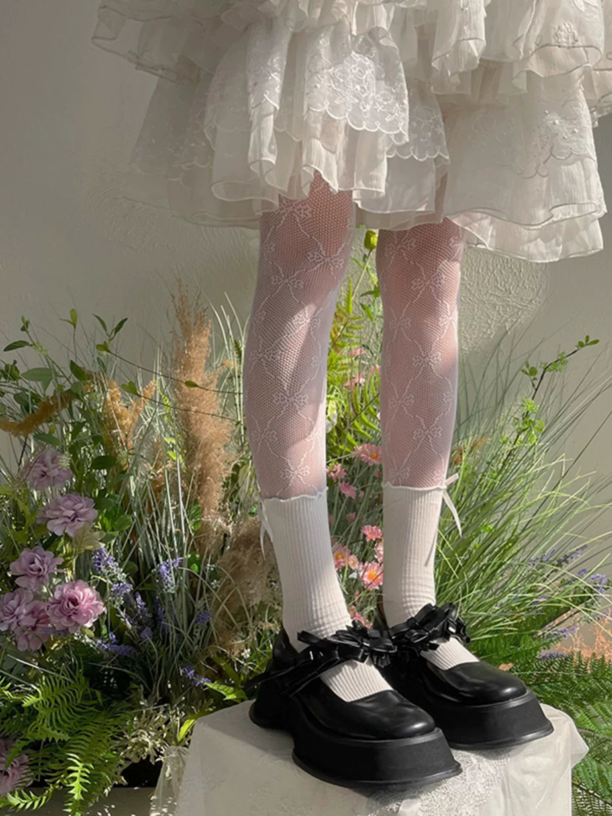 Sock Noble - Bow Lace - White or Black Lace-Panel Tights