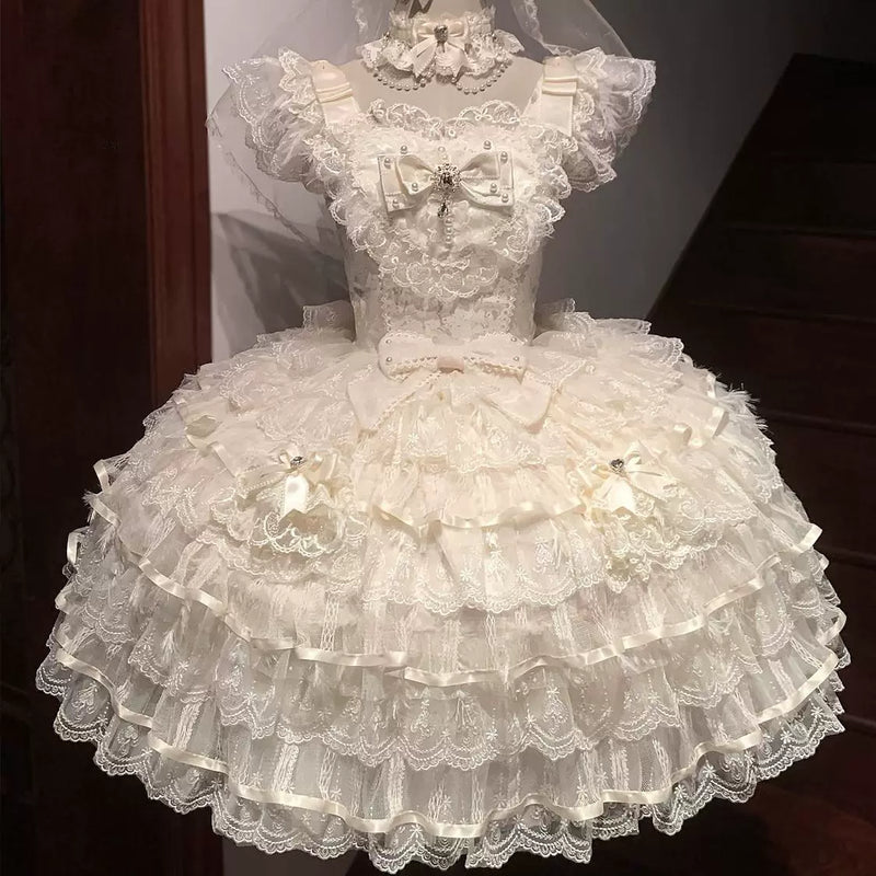 Lady Han Feather Ballad Bridal Sweet JSK Dress in soft fabric with delicate feather details and intricate lace accents.