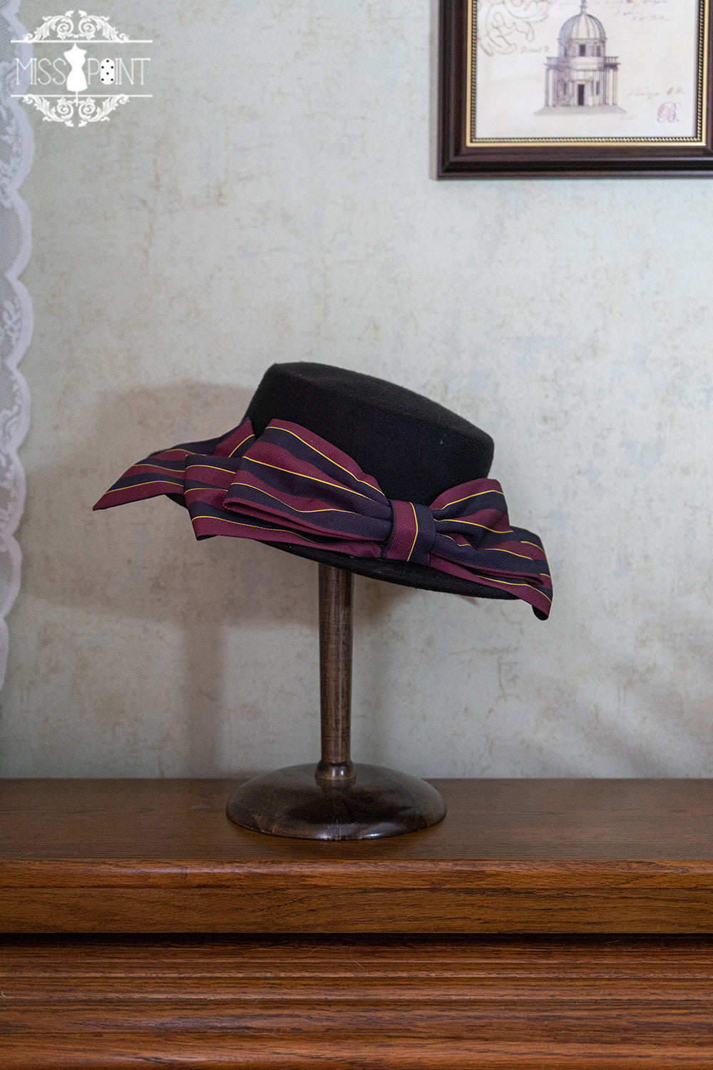 Stripped Lolita Headband Veil Hat Clip Necklace wine red stripped top hat