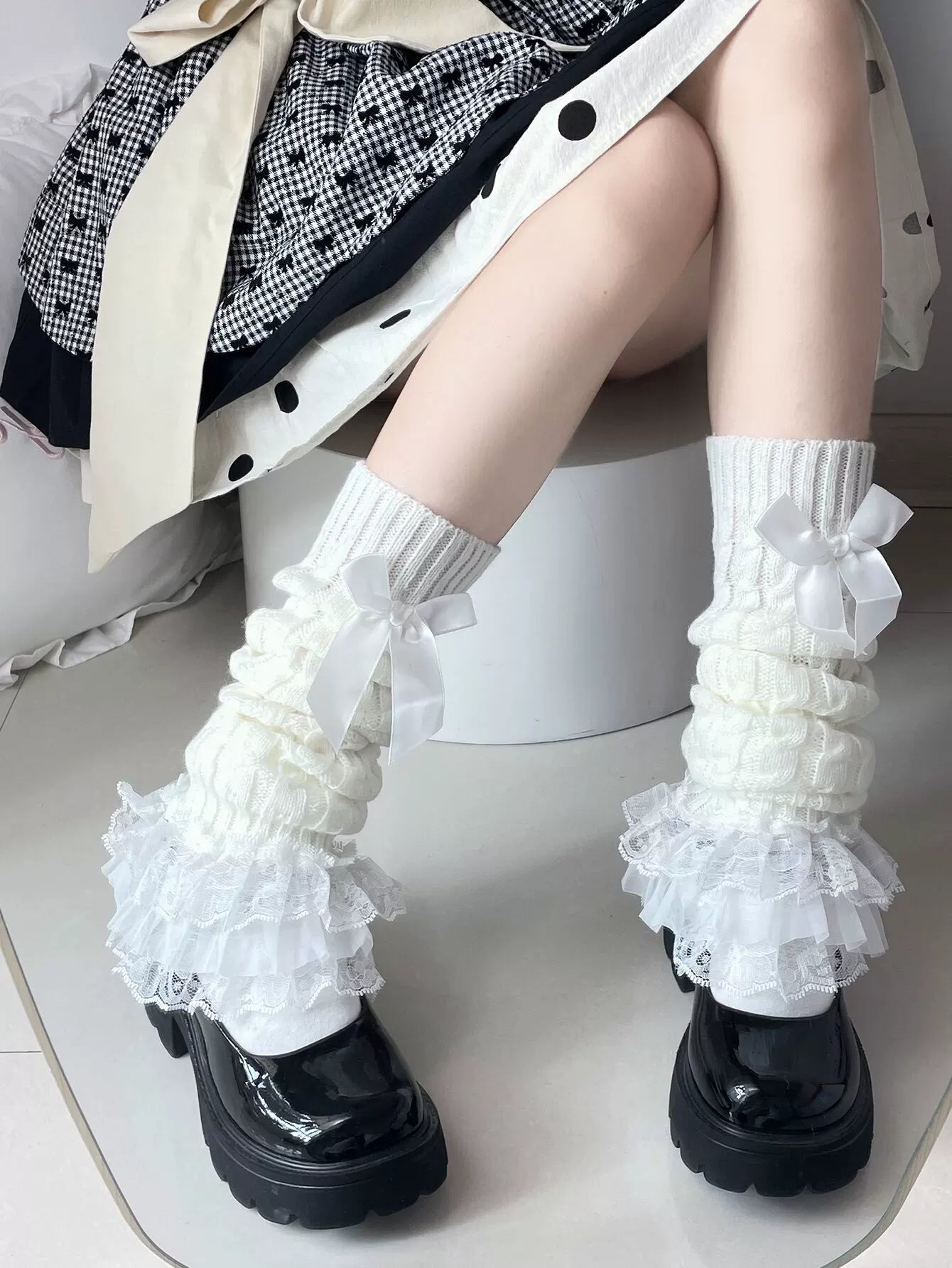 Fantasy Doll - Bowed Lace Layers - Knit Mid-Calf Leg Warmers with Lace Ruffles and Bows