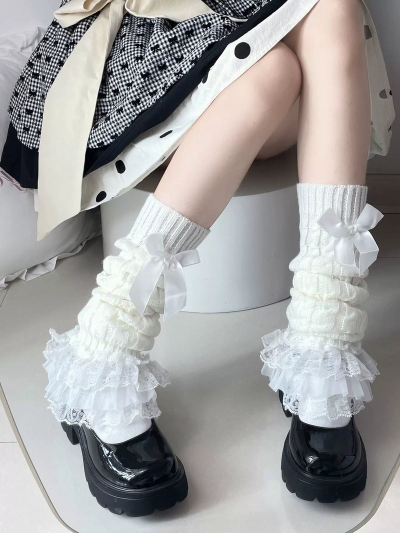 Fantasy Doll - Bowed Lace Layers - Knit Mid-Calf Leg Warmers with Lace Ruffles and Bows