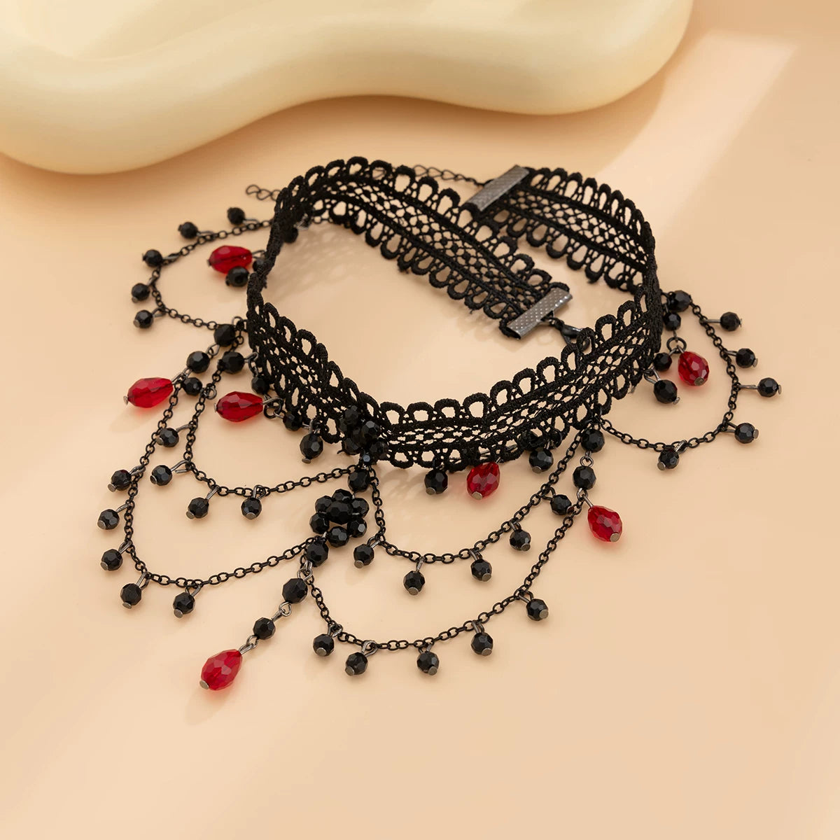 Independent Brand - Crystal Fringe - Black Lace Choker Necklace with Red Crystal Drops