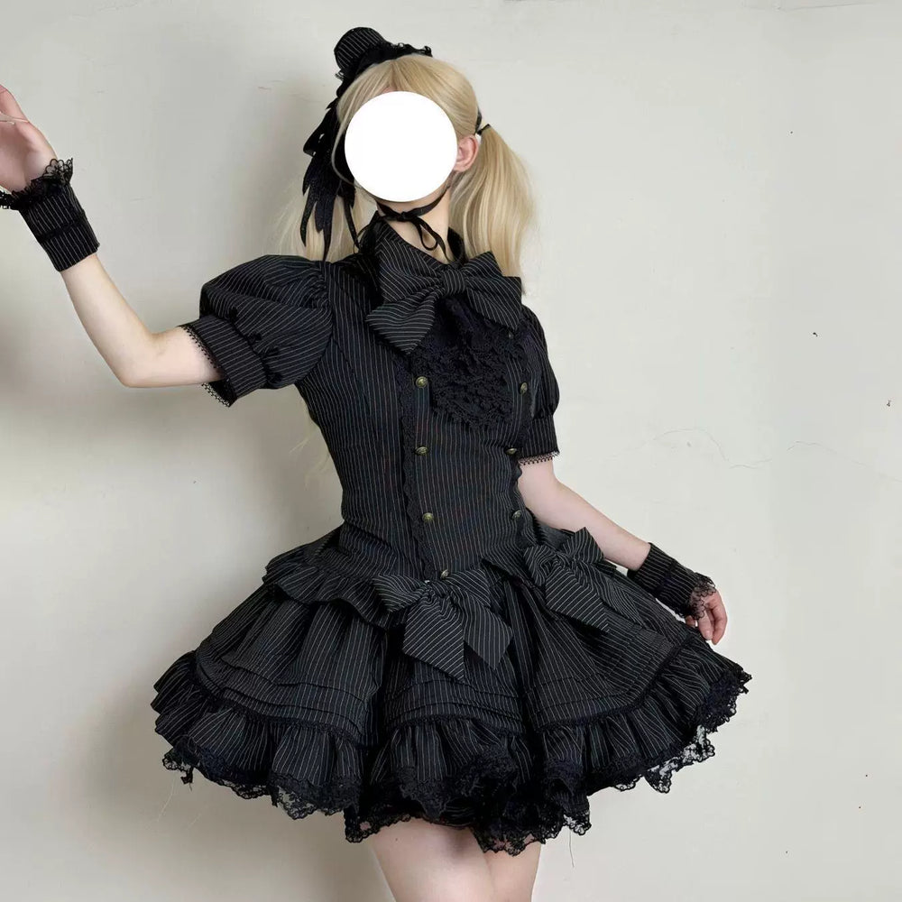 Black pinstripe Gothic Lolita set with bow tie, layered skirt and short sleeves