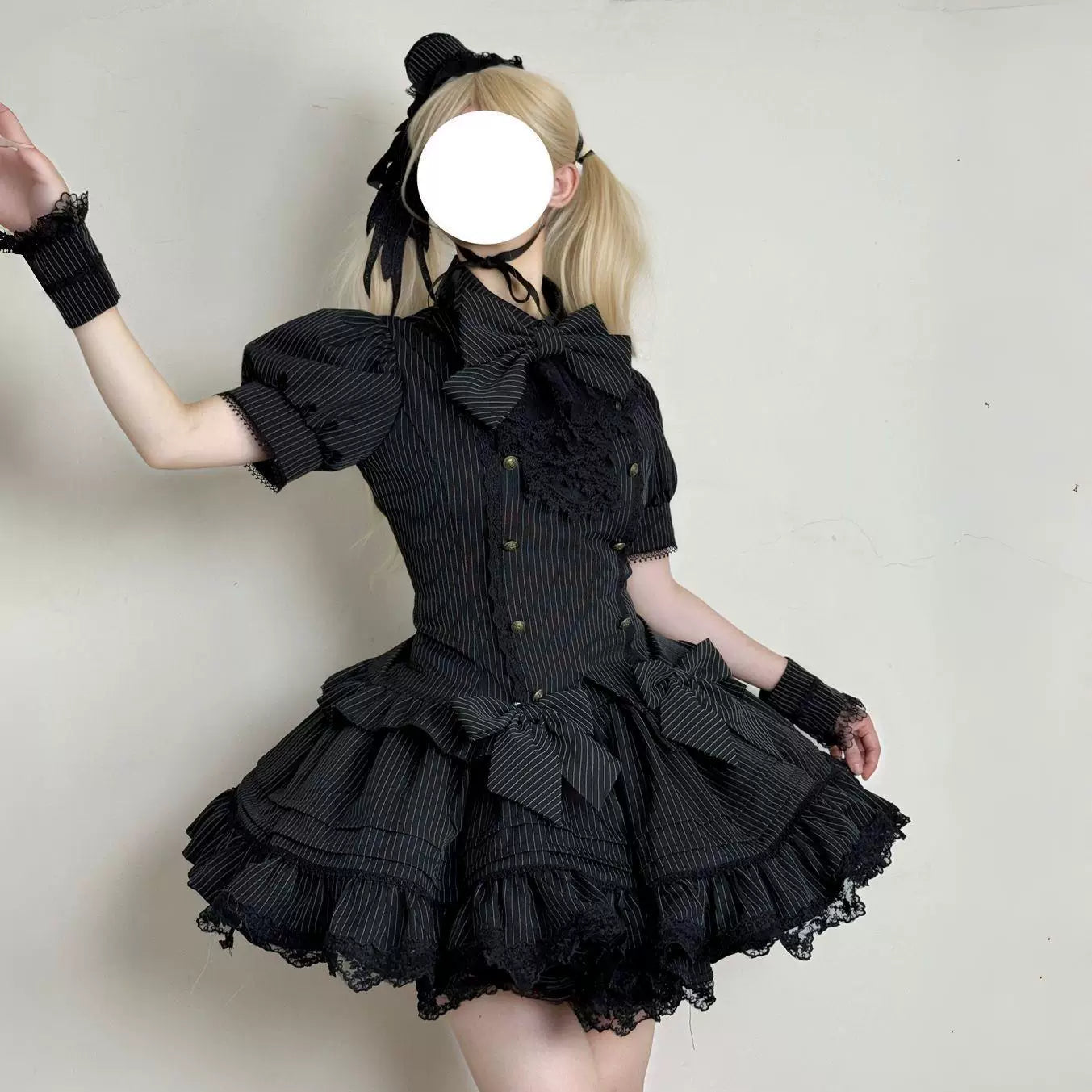 Black pinstripe Gothic Lolita set with bow tie, layered skirt and short sleeves