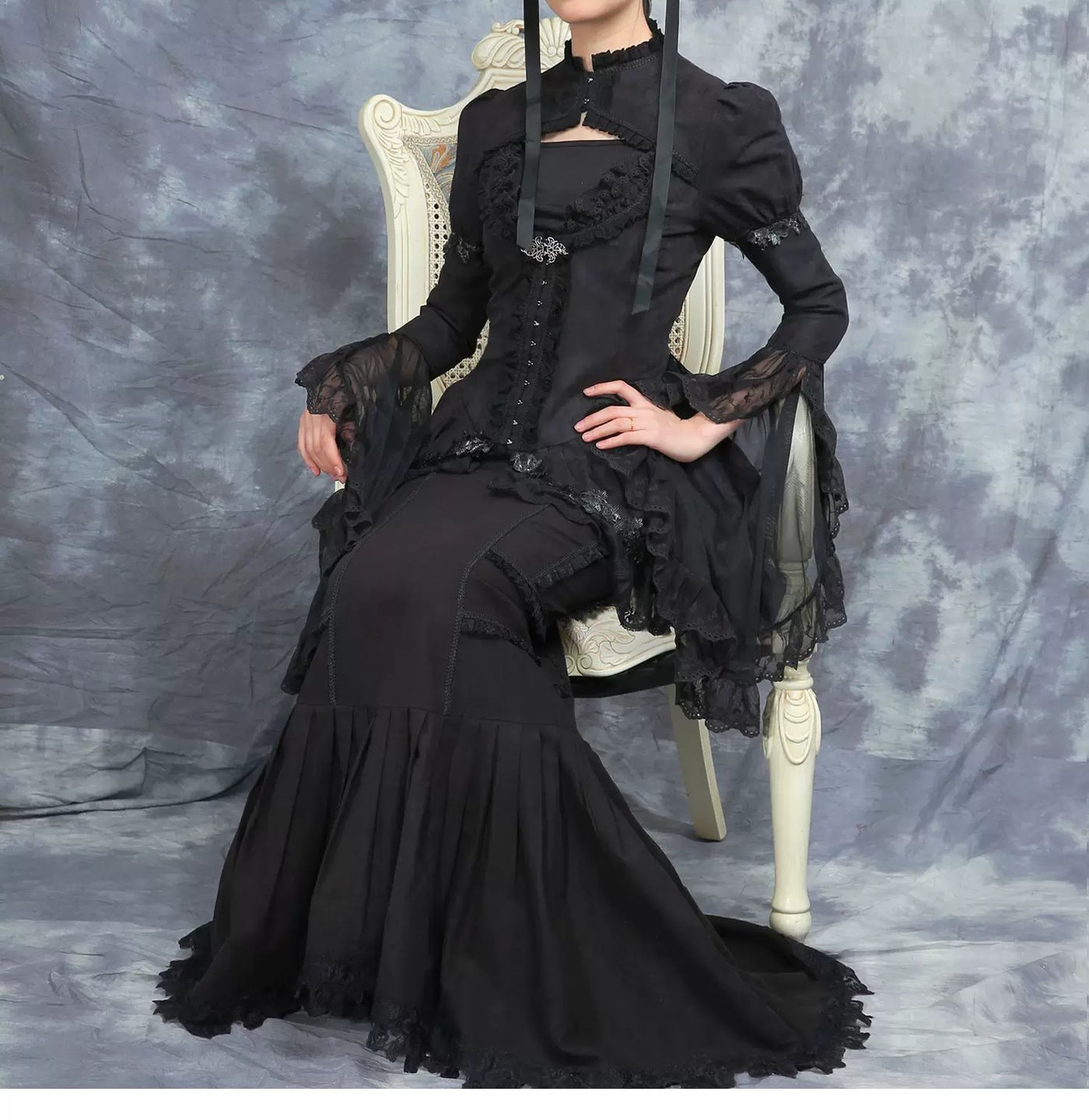 LACE GARDEN - Dark Lace - Black Mesh Outerwear and Mermaid Skirt Set with Lace Trim