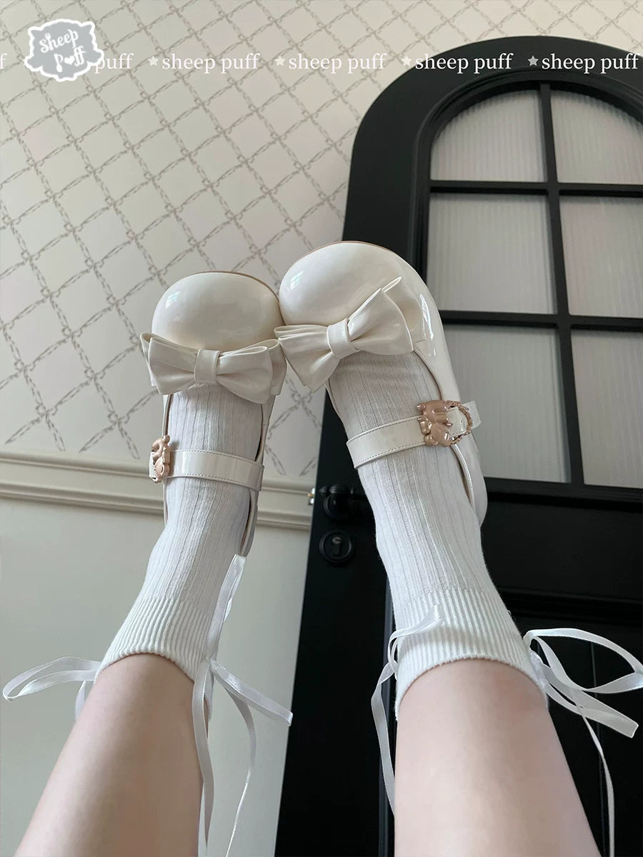 Sheep Puff Hugging Bear Patent Low Heel Lolita Shoes