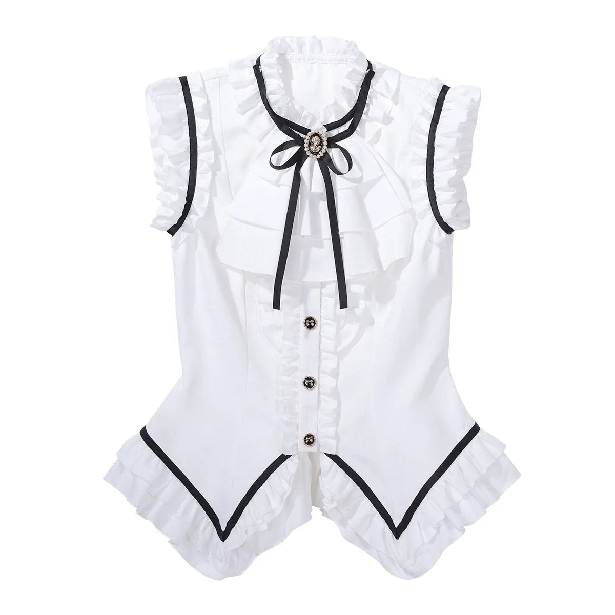 Black-and-white Gothic Lolita top and skirt pieces with ruffles and bow details.