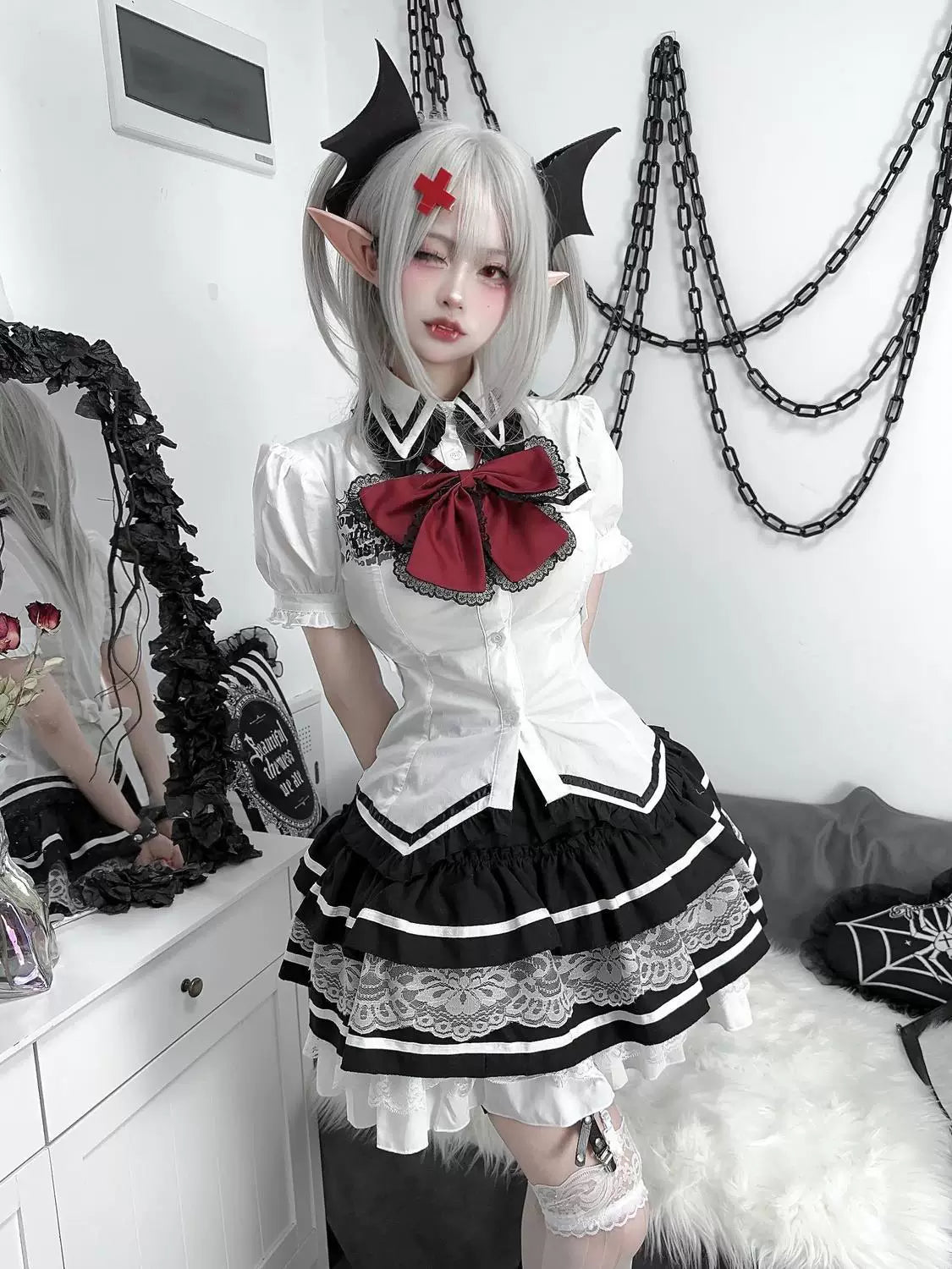 Sweetheart Dream Machine - Blood Rust - Black-and-White Gothic Punk Separates with Waist-Shaping Detail