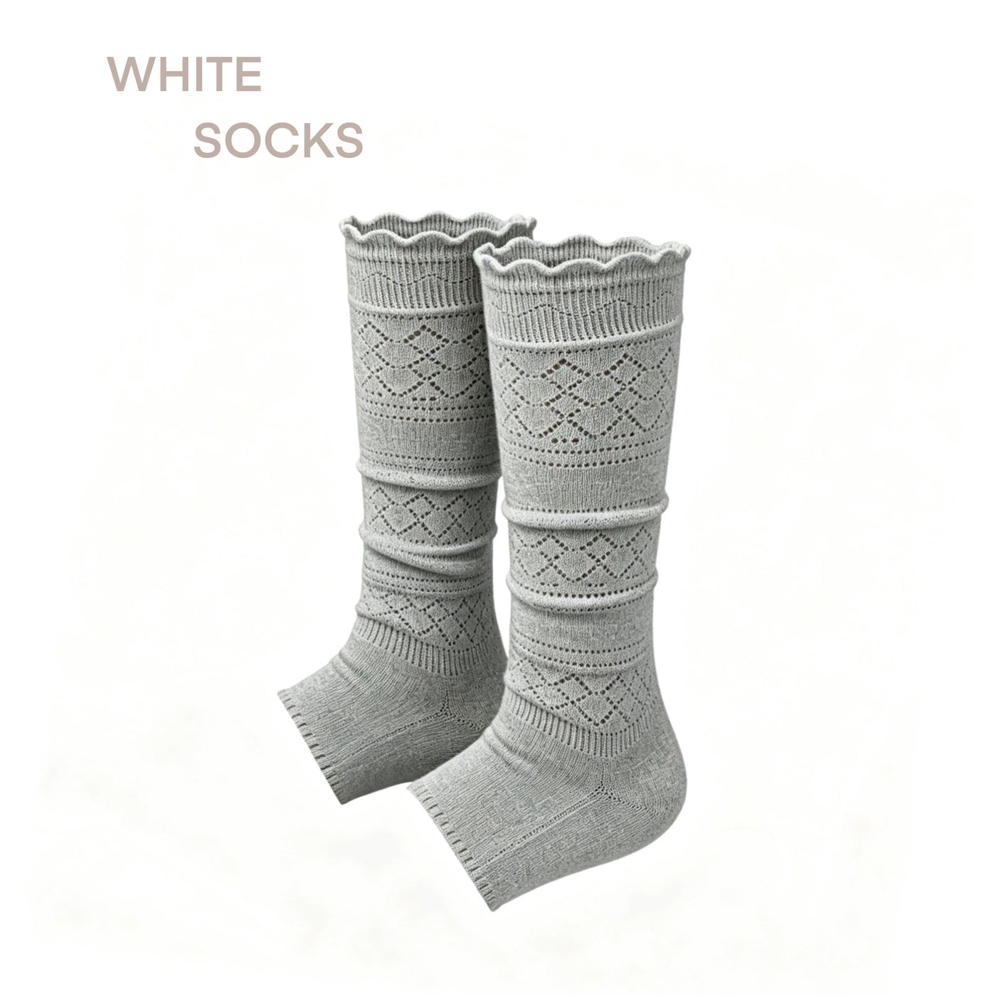 White mid-calf slouch sock with cutout detailing and scalloped cuff, displayed as a single color variant