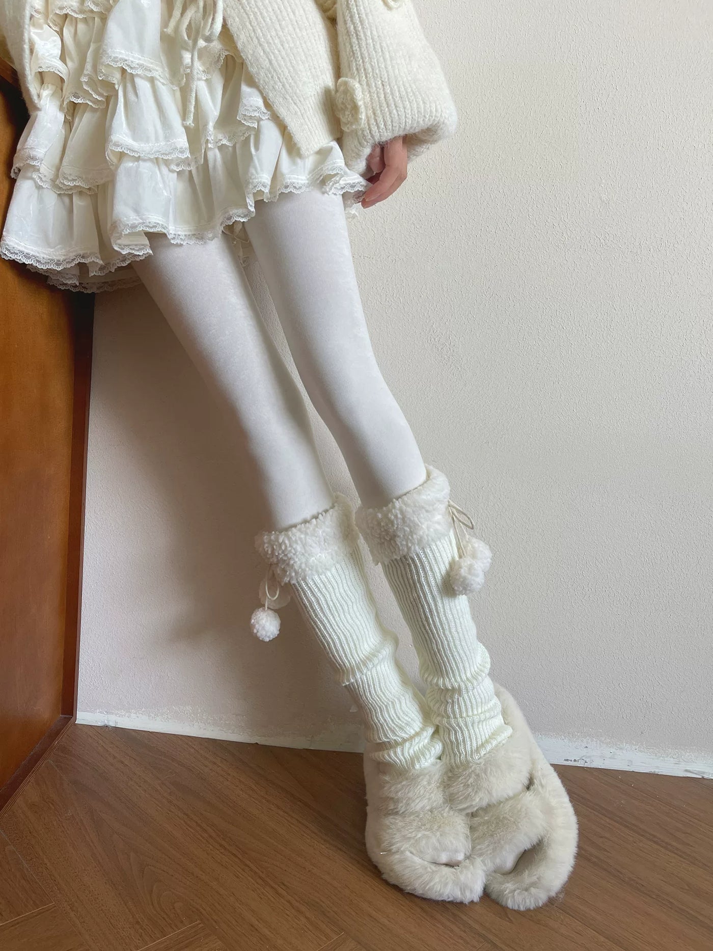Sock Noble - Pom-Pom Plush Knit - Socks with Fluffy Cuffs and Pom-Pom Ties