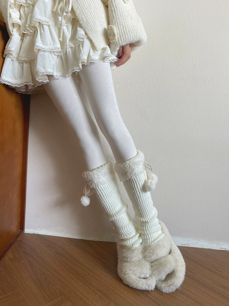 Sock Noble - Pom-Pom Plush Knit - Socks with Fluffy Cuffs and Pom-Pom Ties