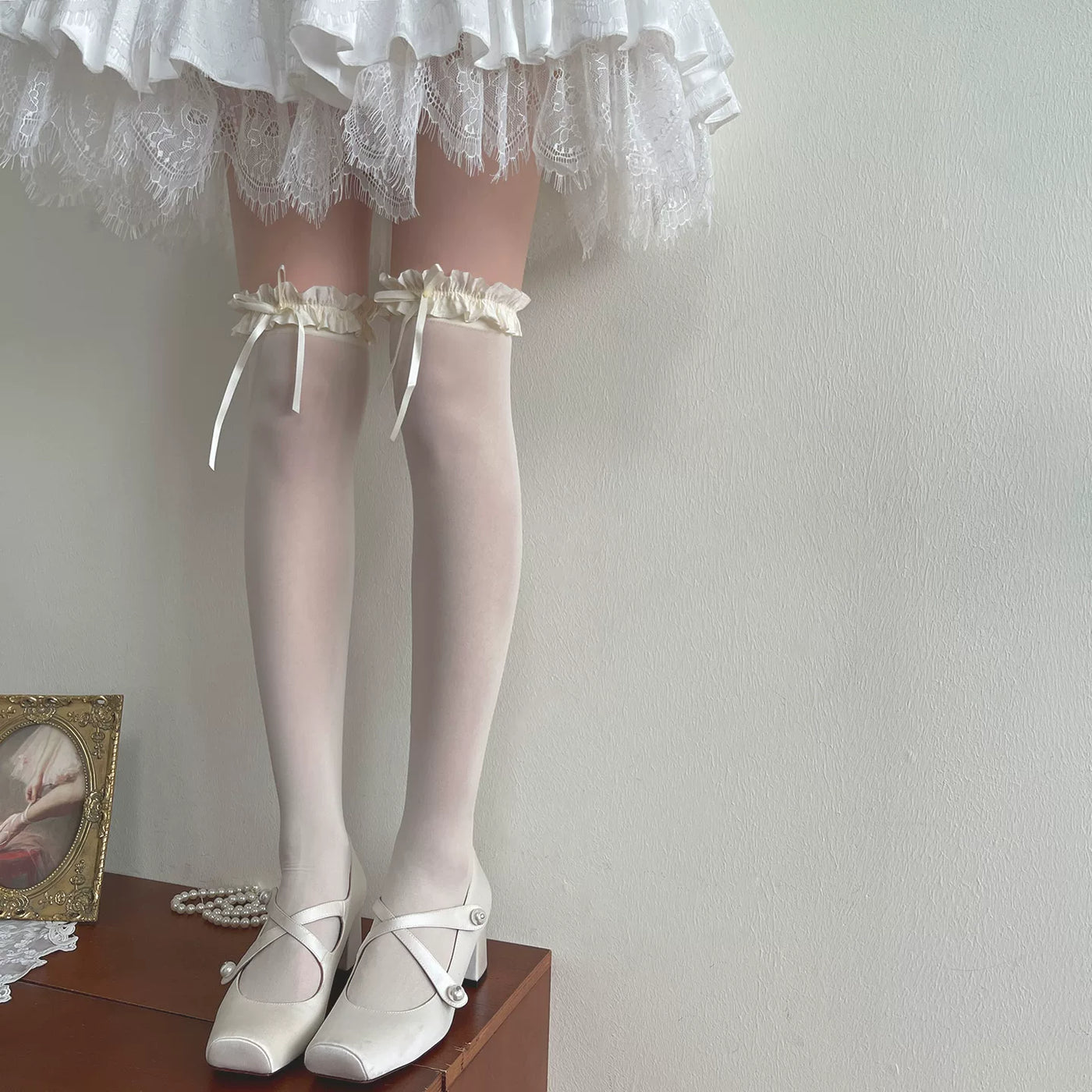 Sock Noble - Cream Ruffle Ribbon - Velvet Socks with Ruffled Bow Cuffs