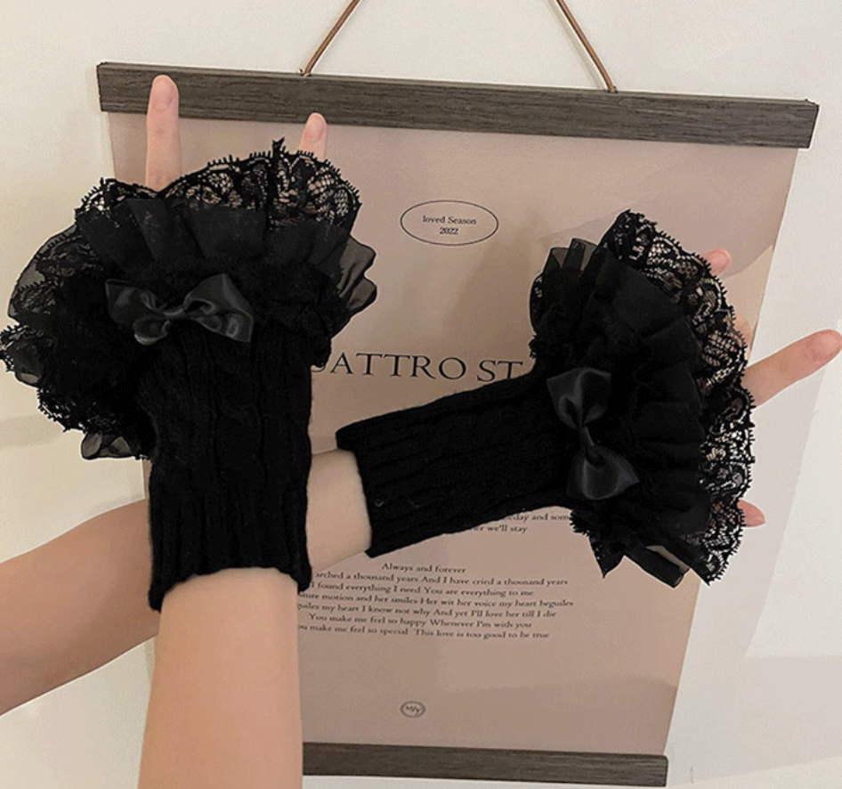 Fantasy Doll - Bowed Lace Layers - Knit Mid-Calf Leg Warmers with Lace Ruffles and Bows