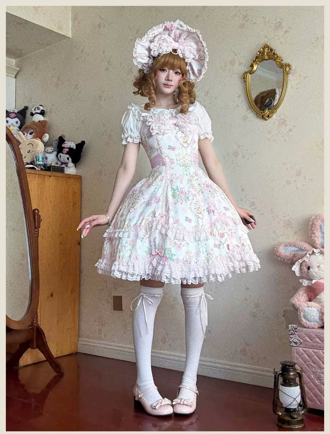 Sweetheart Dream Machine - Vintage Floral Wall - Ruffle-Trimmed Blouse with Doll Collar