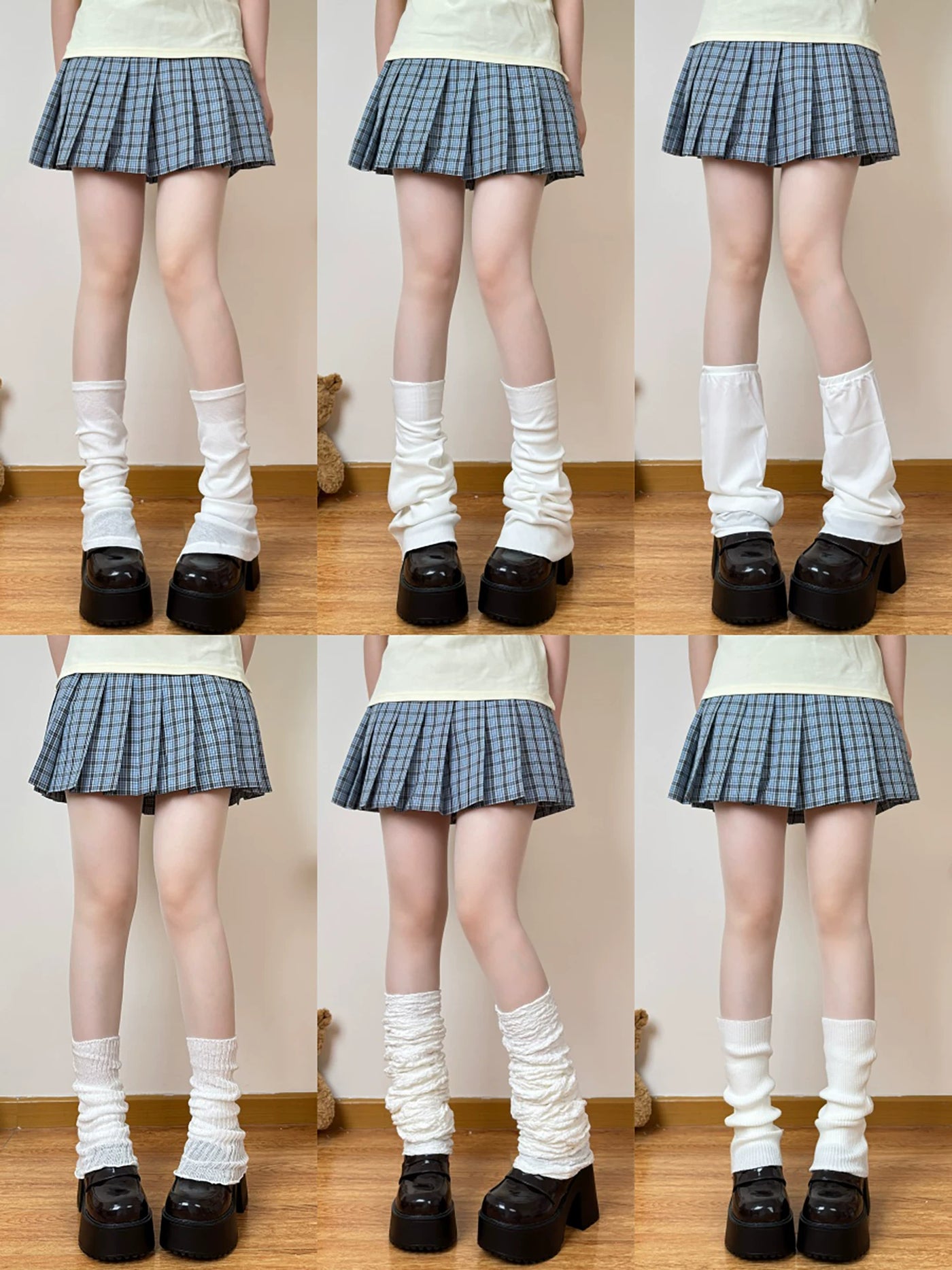 Chubby Bear Tales white gathered sock covers styled with a blue plaid skirt and black platform shoes