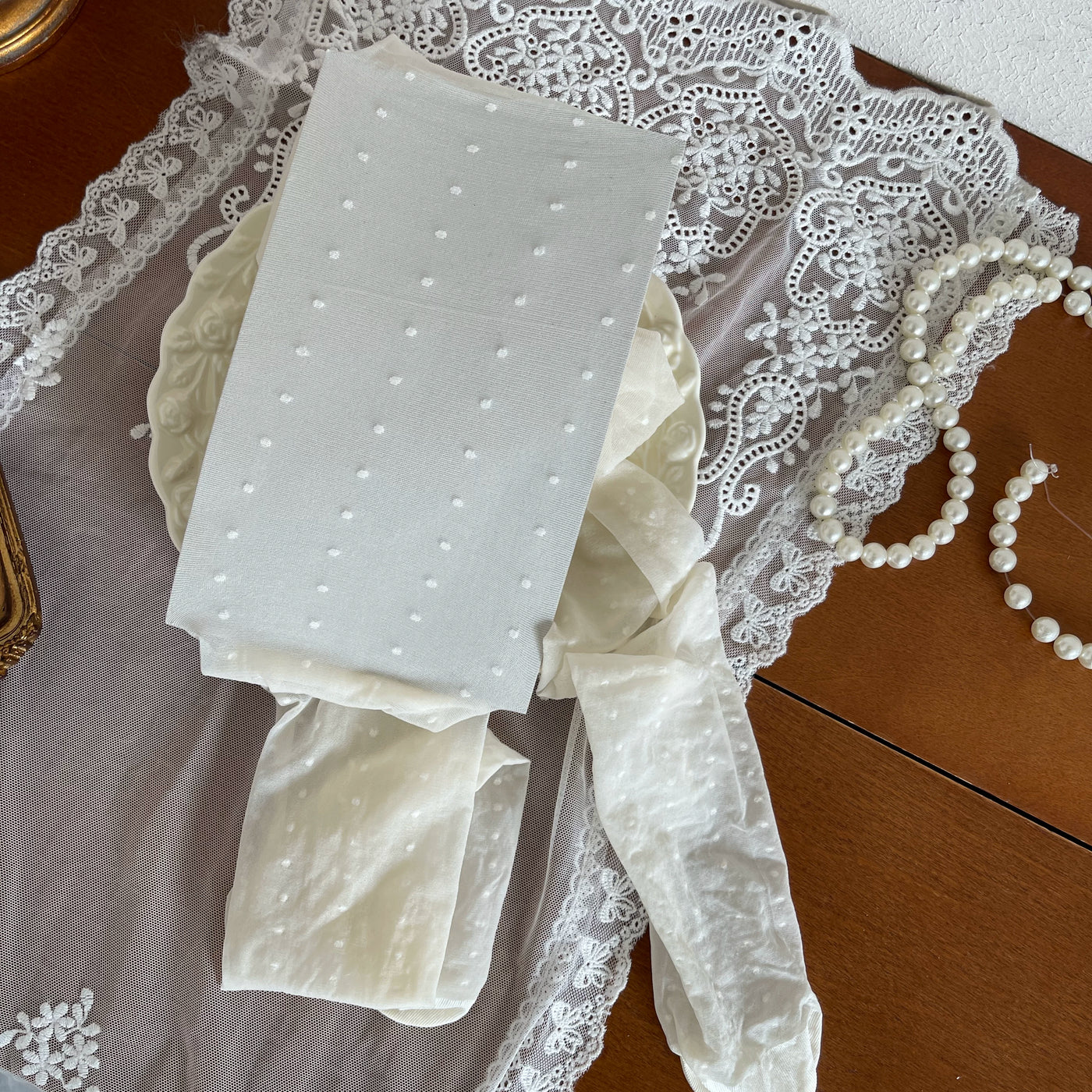 Sock Noble - Cream Ruffle Layers - Dotted Tights, Sock Cover and Bow Leg Ring Options with Ruffled Lace Details