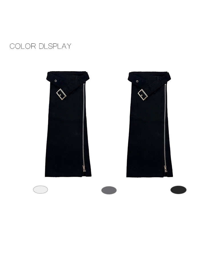 Black leg warmers with buckle straps and side zips, shown in a colour display and worn with shoes
