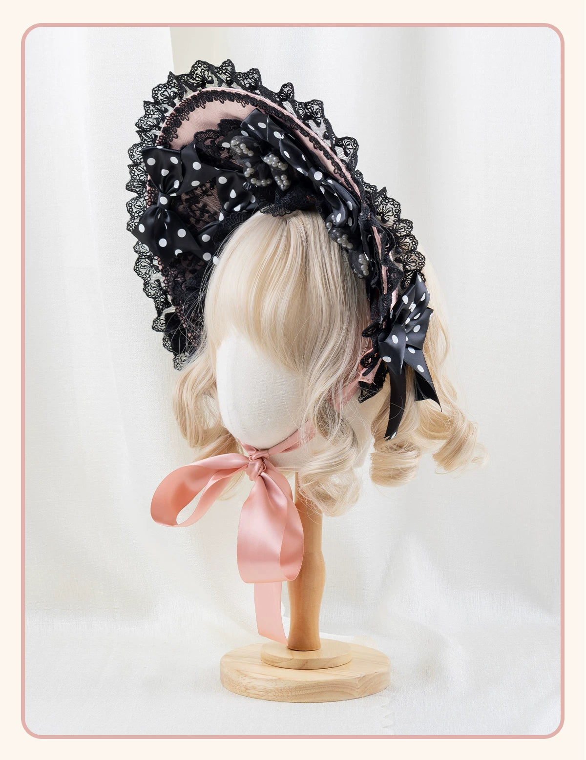 Stardust Rose - Sweet-Cool Polka Dot - Black or Pink Headbands and Flat Caps with Lace Bows