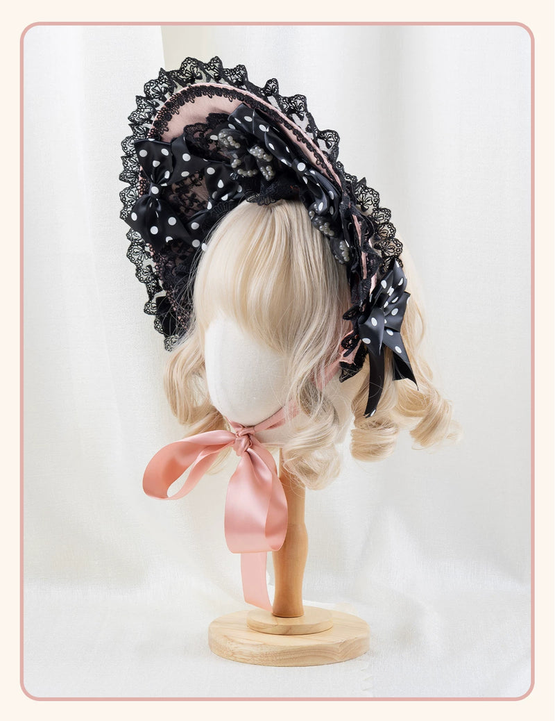Stardust Rose - Sweet-Cool Polka Dot - Black or Pink Headbands and Flat Caps with Lace Bows