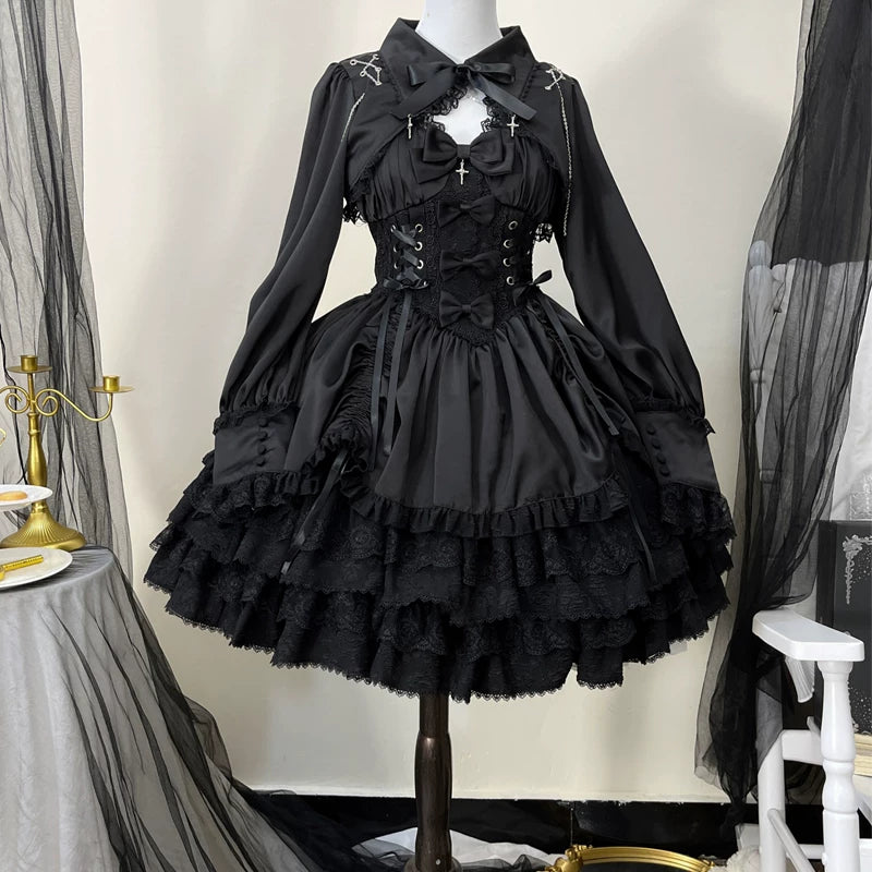 Lady Han Gothic Cross Medal JSK dress by Lolita Fetch featuring a black gothic lolita dress with cross medal detail and lace accents.