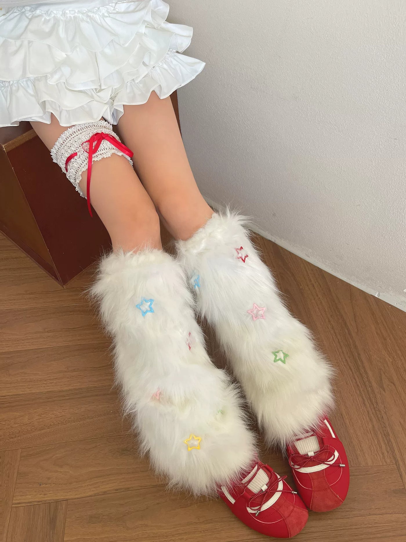Sock Noble - Dopamine Winter - Long-Pile Sock Covers or White Thigh Garter with Red Ribbon
