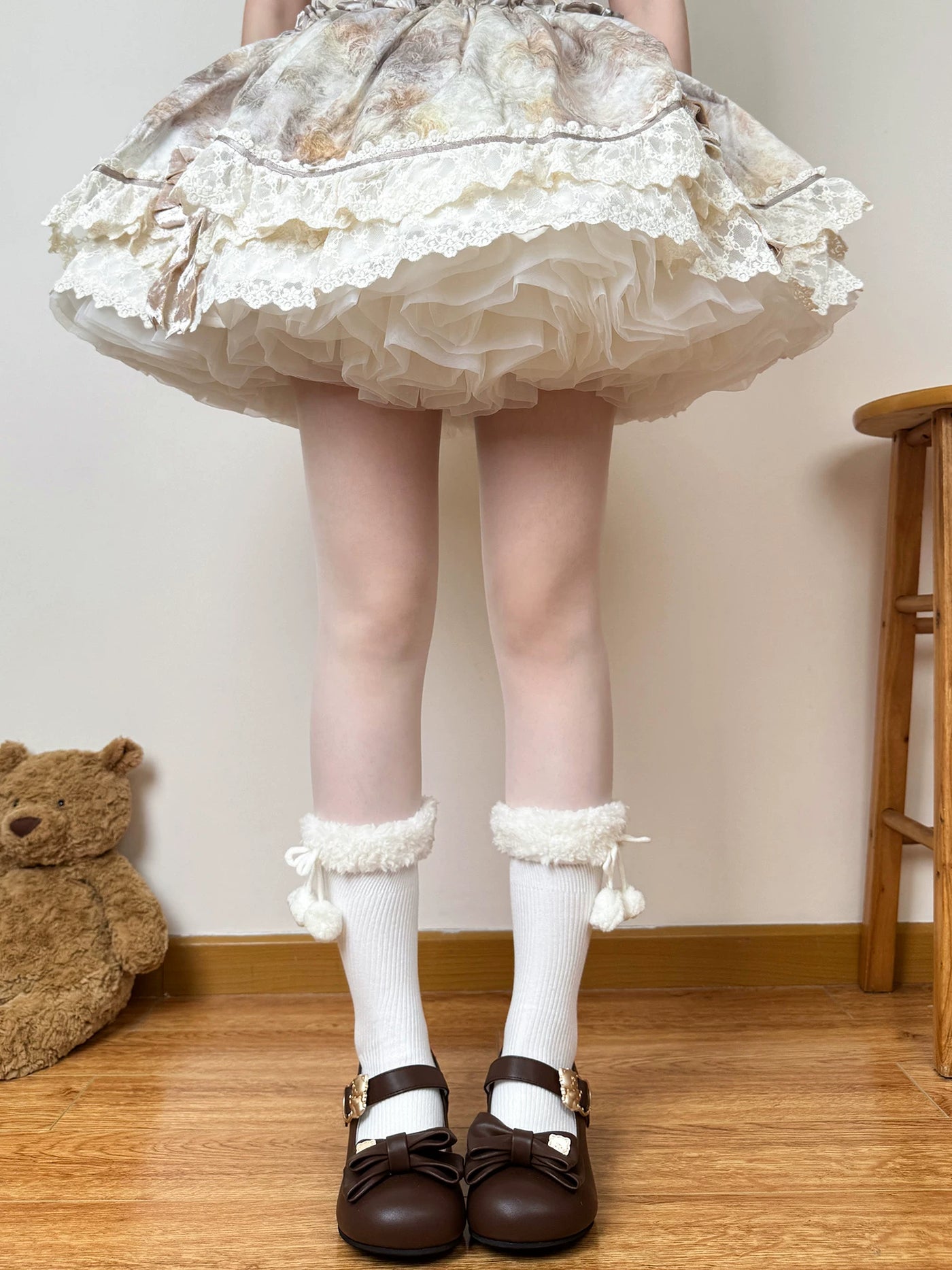 Chubby Bear Tales - Fluffy Winter - Mid-Calf Scrunch Socks with Pom-Pom or Bow Cuffs