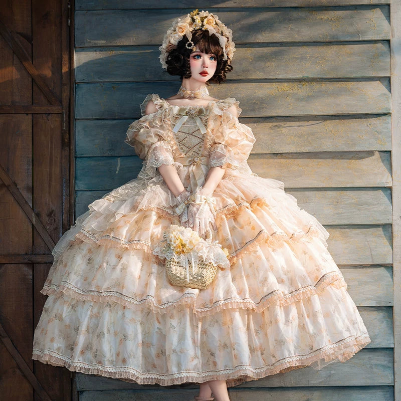 Cat Fairy Rose Letter JSK dress in autumnal yellow with scattered floral print