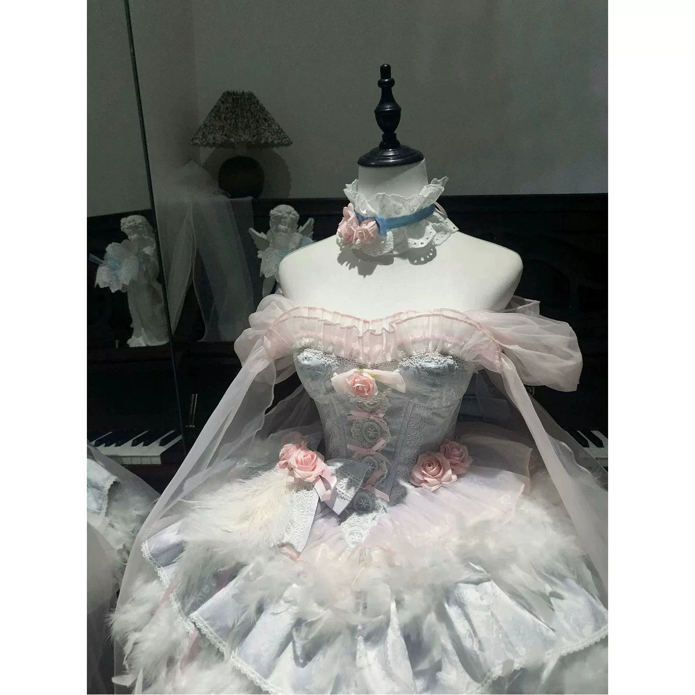 Creamy - Feather Ballet - JSK Dress with an Off-Shoulder Neckline and Feather Trim